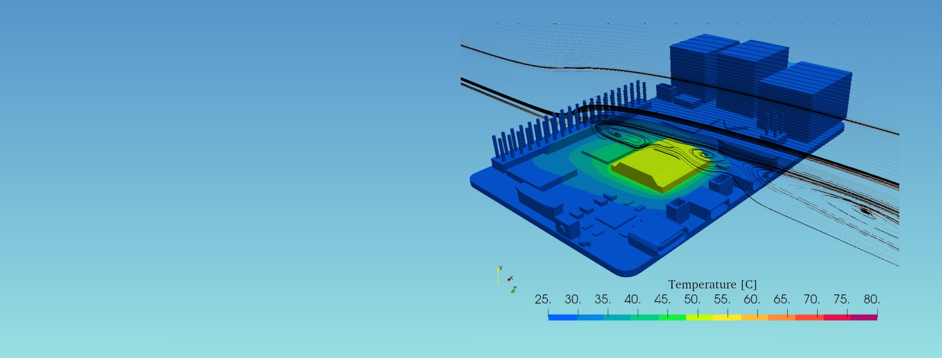 3D Geländeplan zeigt Temperaturverteilung überbaut mit simulierten Luftströmen in urbaner Umgebung.